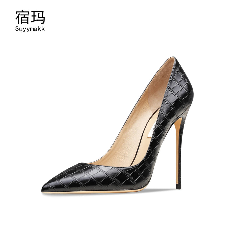 Heels For Women Real Leather Pumps Crocodile Pattern Luxury Black Women's Shoes Pointed Toe High Heels Ladies Prom Shoes Women