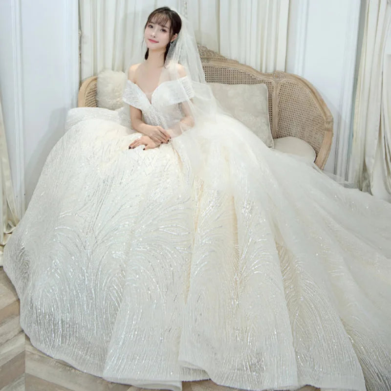 Wedding Dress Shiny Classic Boat Neck Bridal Party Gown - View 4 | SAMAG