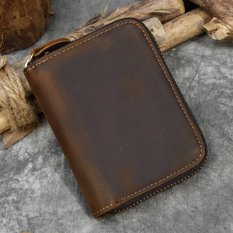 Men Crazy horse Genuine Leather Coin Wallet Real Leather Snap Short Purse Women Coin Pocket Zip Around Small Trifold Pocket