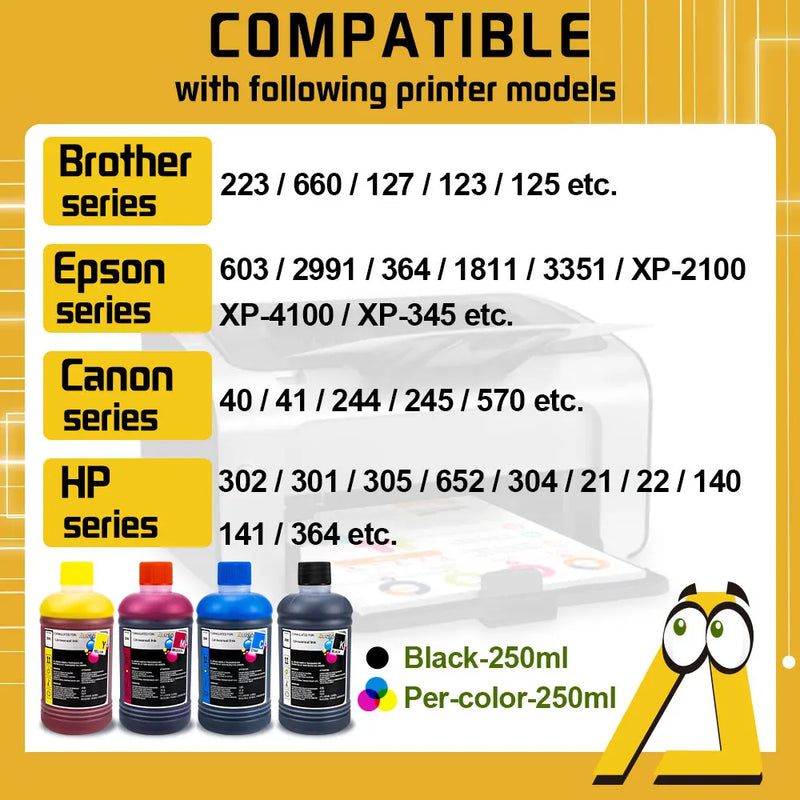 250ml Refill Dye Ink Kit Universal Ink Compatible for HP Canon Epson Brother Printer and Ink Cartridges For HP301 302 304 305