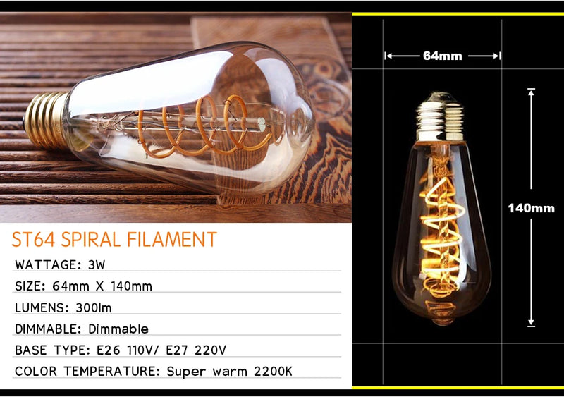 Retro Dimmable LED Edison Bulb E27 3W Gold Spiral Filament ST64 G125 Ampoule LED Lamp Incandescent Chandelier Decorative Lightin