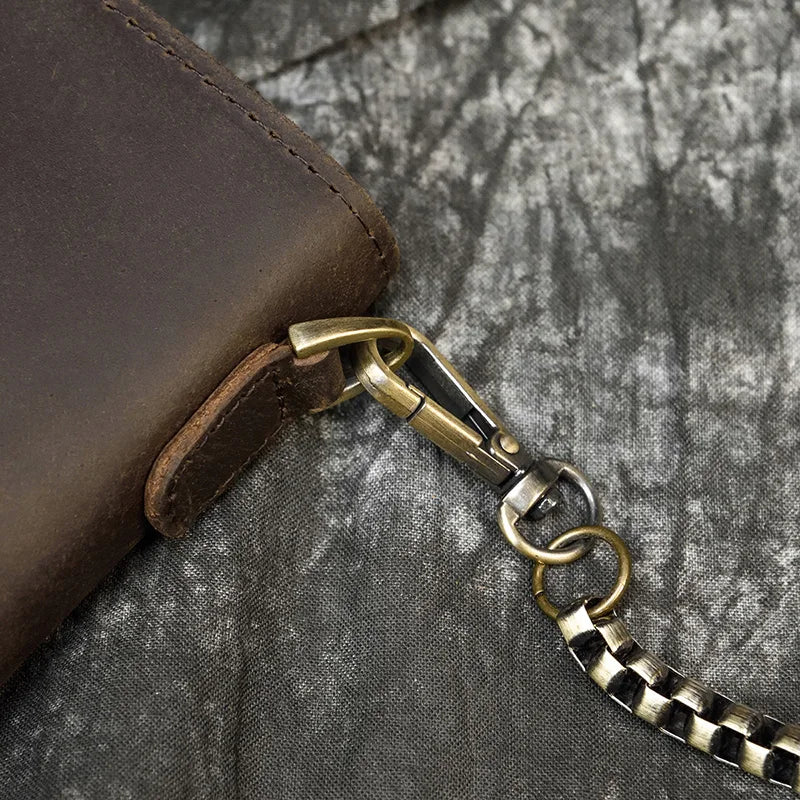 Men's Vintage Crazy Horse Leather Chain Wallet Genuine Leather Bifold Long Wallet Snap Card Holder Purse Zipper Coin Rfid Pocket