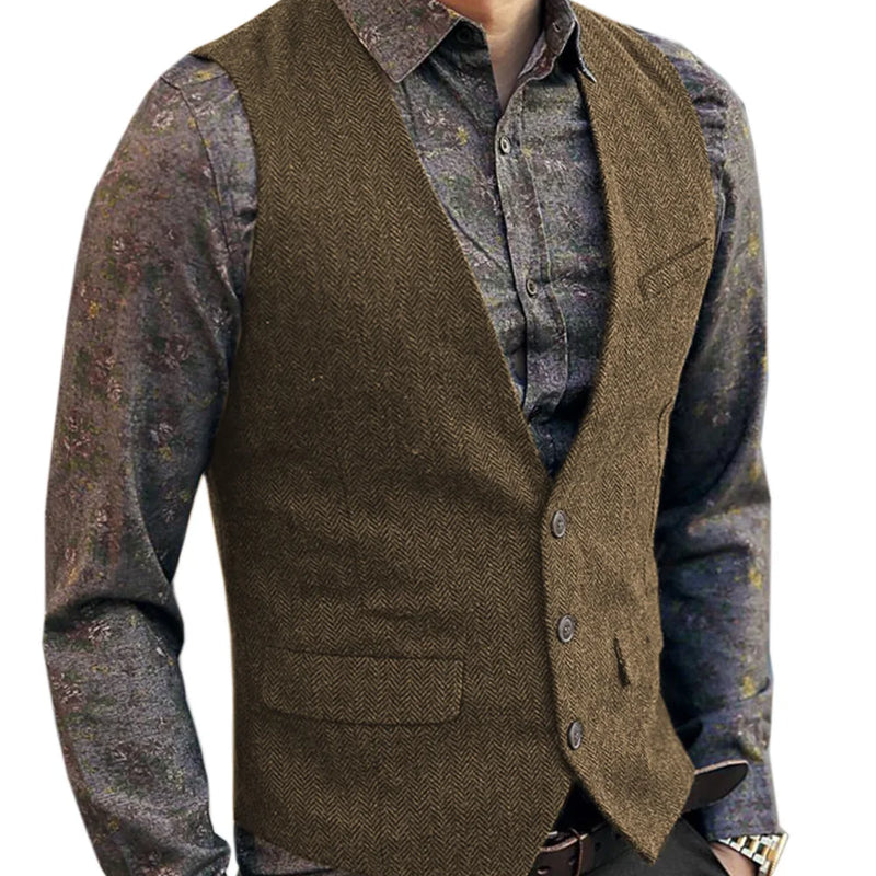 Men's V-Neck Suit Vests Fashion Formal Slim Fit Business Herringbone Dress Waistcoat for Tuxedo Wedding Party