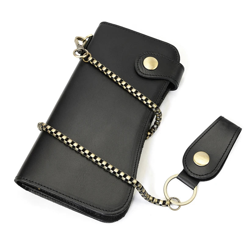 Men's Vintage Crazy Horse Leather Chain Wallet Genuine Leather Bifold Long Wallet Snap Card Holder Purse Zipper Coin Rfid Pocket