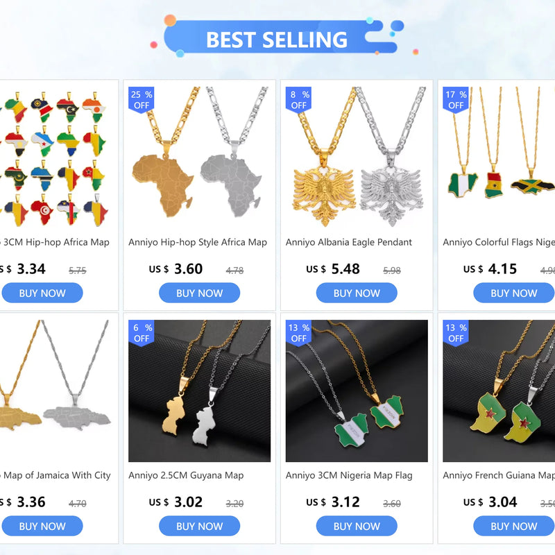 Anniyo Africa Map Pendant Necklace Women Men Silver Color/Gold Color Ethiopian Jewelry Wholesale African Hiphop Item @132106