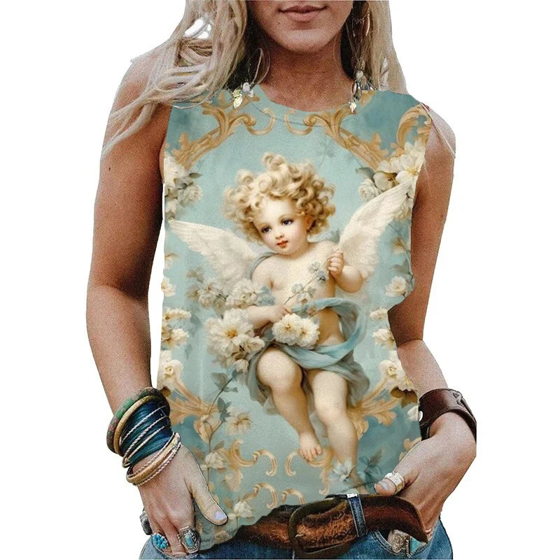 New Cute Angel Baby 3D Print Tank Tops Women Summer O-Neck Casual Vest Off Shoulder Y2k Sleeveless Top Camisole Woman Clothing
