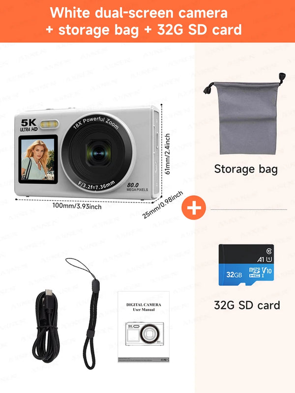 5K Digital Camera 8000W Pixel Retro CCD Dual Screen Photographic Cameras 80MP Vlog Cam with Auto Focus Smile Detection 18x Zoom