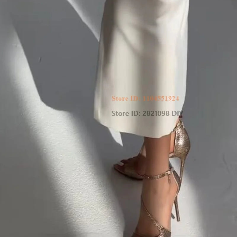 Wedding Party Shoes Women's Stiletto Heels Heeled Leather Bling Gold Crystal Open Toe Sandals Thin High Heel Women's Shoes