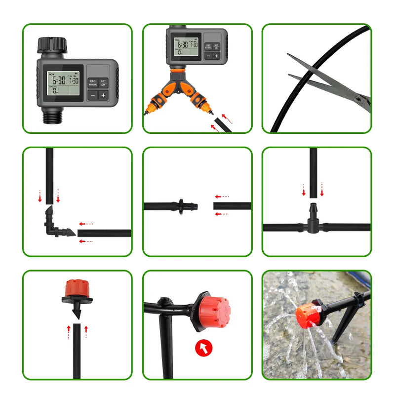 30-5m Garden LCD Button Timer Irrigation Set 0-80L/H Rotating Adjustable Nozzle Intelligent Display Automatic Watering System