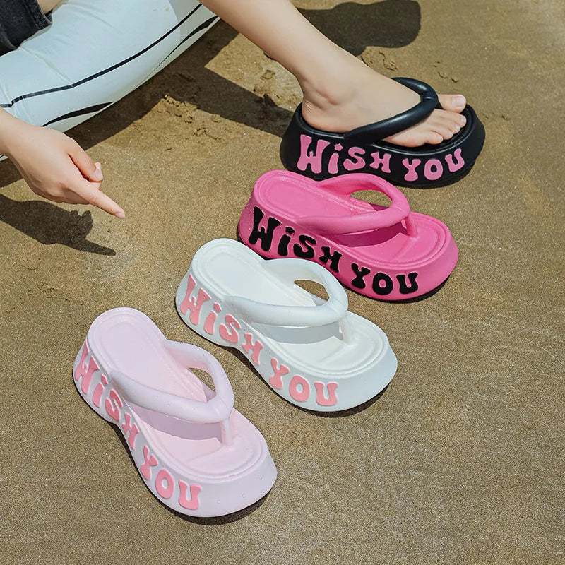 Women's Summer Fashion EVA Platform Slippers Wedge Heel Sandals Letter Print Thick Bottom Non-Slip Beach Slides
