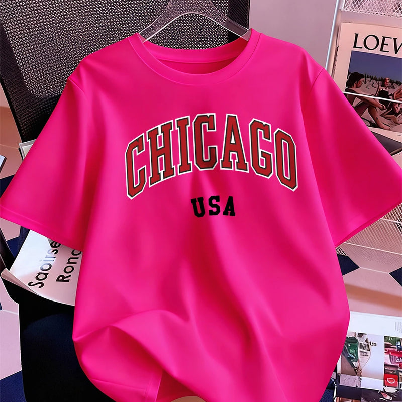 Chicago Usa Letter Printing T-Shirt Women Cotton Summer Short Sleeve Tops Comfortable Soft O-Neck T Shirt Casual Womans Clothes