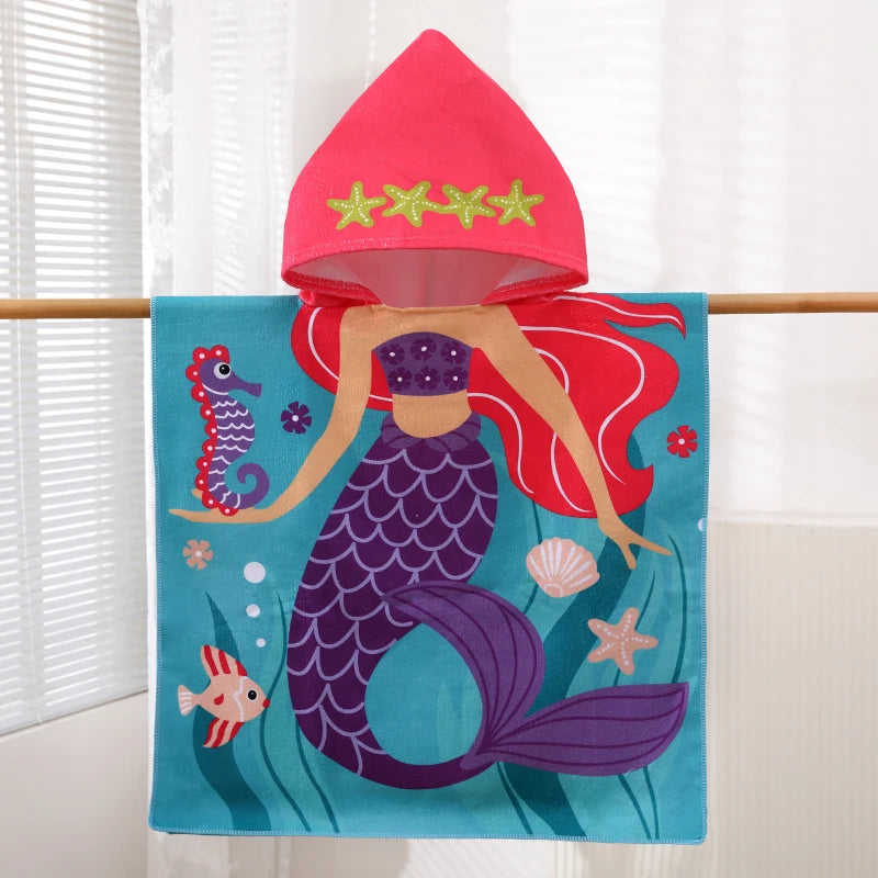 1 Cartoon Hooded Bathrobe Suitable for Boys and Girls, Can Be Unfolded into a Flat Blanket, Polyester Fiber Bath Towel, Children's Small Cape, Water-Absorbent Quick-Dry Beach Towel, Cute Cartoon Swimming Bathrobe for Babies,