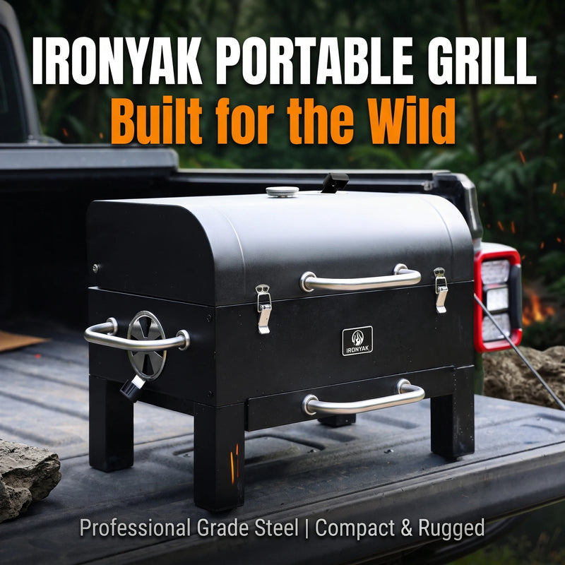 IRONYAK Portable Charcoal Grill & Smoker, Compact 319 Sq.In. Cooking Area Tabletop BBQ for Camping Trips Cover Included