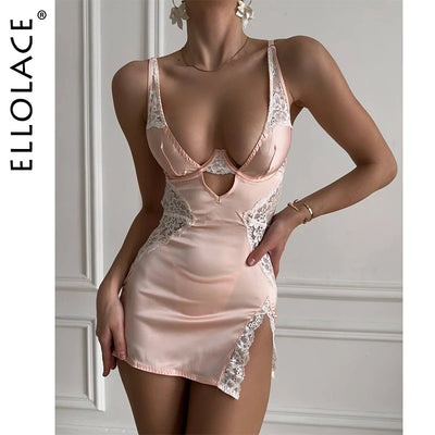 Ellolace Sexy Deep-V Neck Satin Dress Lingerie Lace | SAMAG