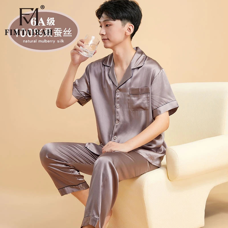 Fimtairah Real 19MMSilk 100% Mulberry Silk Pajamas Men's  Hangzhou Solid Color heavy Silk Home Wear Men's Short sleeve trousers