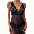 Floral Lace Split Sexy Babydoll Semi-sheer Deep V Bow Ruffle Dress and Panties Underwear Sets Women's Erotic Lingerie Nightgown