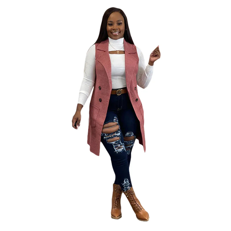 Women's Long Sleeveless Draped Open Front Sweater Vest Cardigan Side Pockets Button Daily Wear Going Out Date Draped Duster Vest