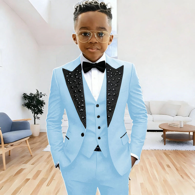 Black Suit for Boys Evening Party Tuxedo Kids Wedding Beaded Crystals Suit 3 Piece Boy Suit Jacket Pants Vest Formal Prom Dress