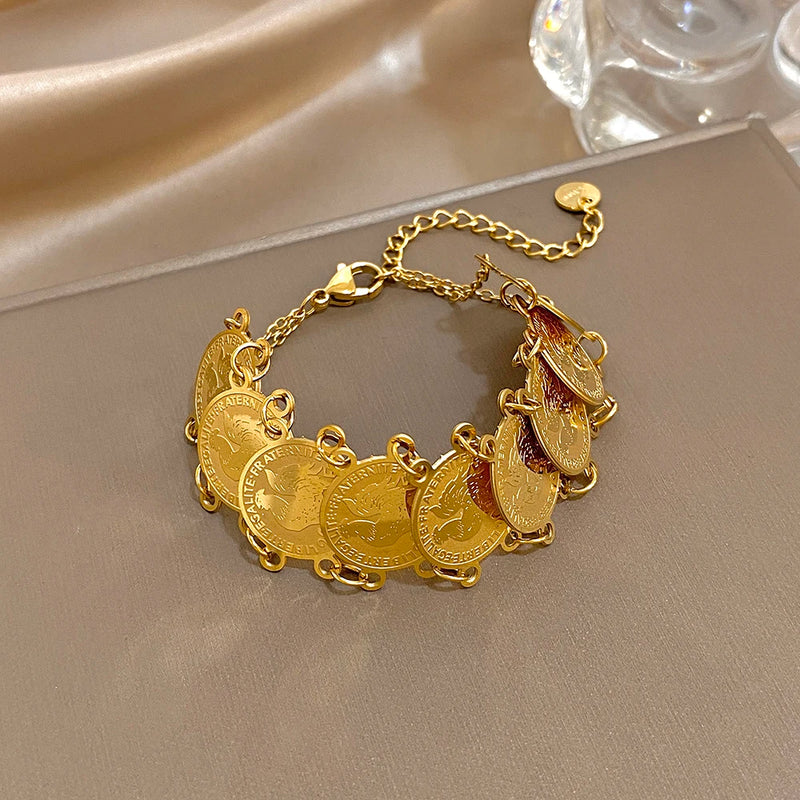 Vintage Gold Plated Stainless Steel Coins Wrist Bracelet for Women Men Classic Ethnic Cuff Bracelets Waterproof Jewelry