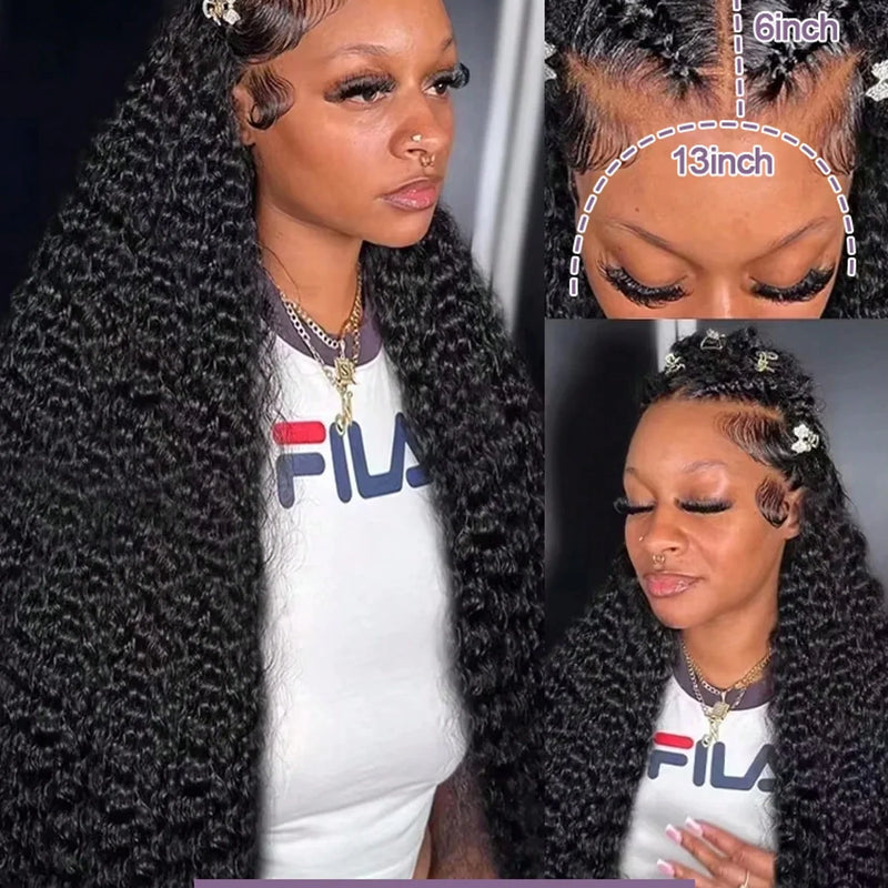 40 Inch Natural Black Water Deep Wave Human Hair Wigs For Women, 13x4 13x6 HD Transparent Lace Frontal Wig 200 Density Pre Plucked Glueless Lace Front Wig