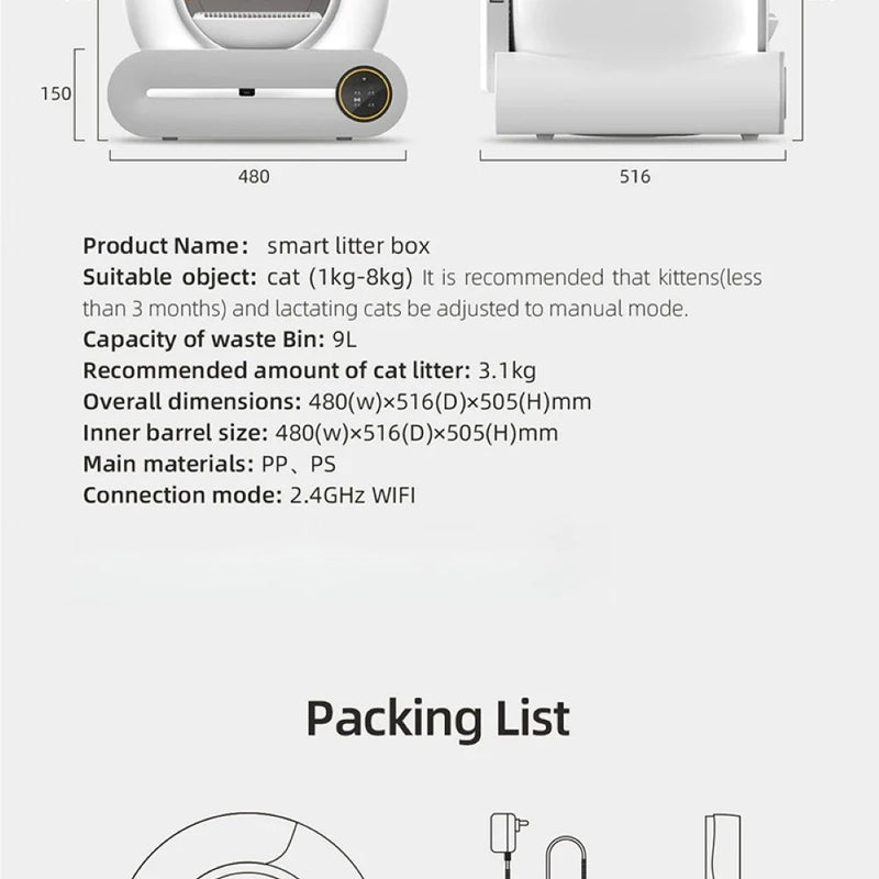 65L Large Space Silent Smart WiFi Cat Litter Box with 9L Trash Automatic Cleaning Fully Enclosed Electric Pet Toilet