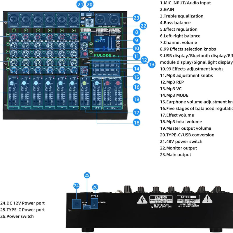 Professional Dj Audio Mixer 6 Channels Mixing Console With 99 Dsp Effects Bluetooth 48v Phantom Power And Vocal Cancellation
