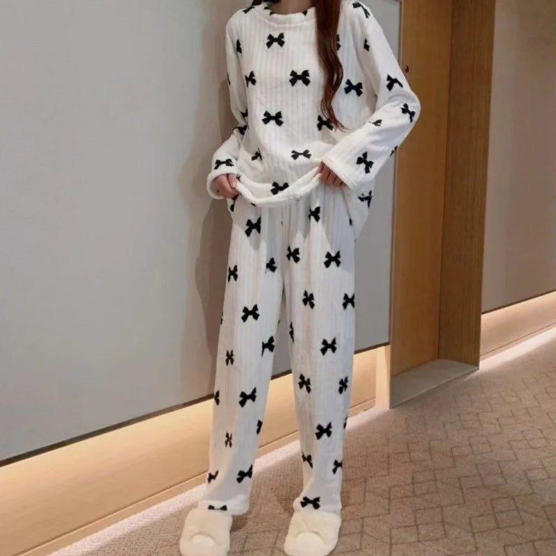 Women's Pajamas Set Winter Sleepwear O-neck Loose Long Sleeve Top Elastic Waist Leg Pant Sets Trousers Plus Size Matching Sets