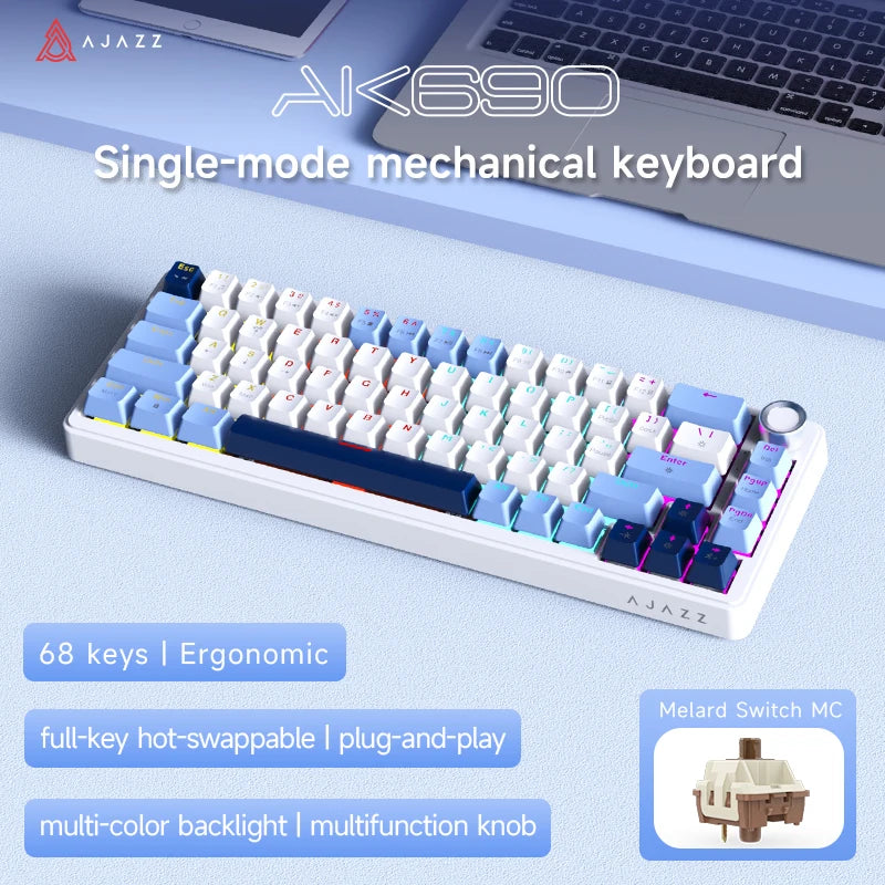 AJAZZ AK690 65% Mechanical Keyboard Wired USB Plug and Play Full-key Hot-Swap Mixed Light 68 Keys Gaming Keyboard for Laptop PC