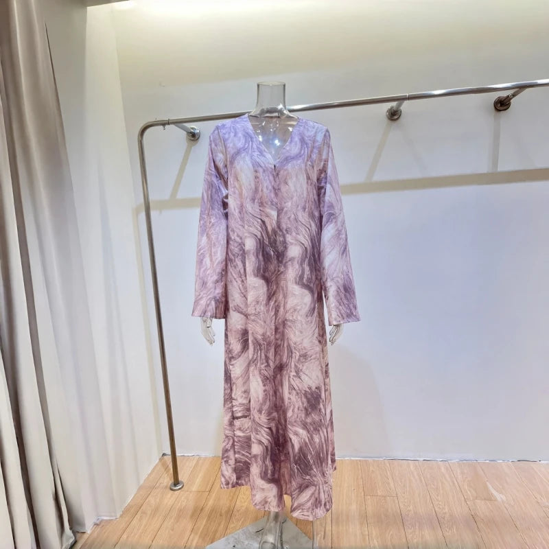 Horetong Muslim Abaya Robe Women Marble Print Chiffon V | SAMAG