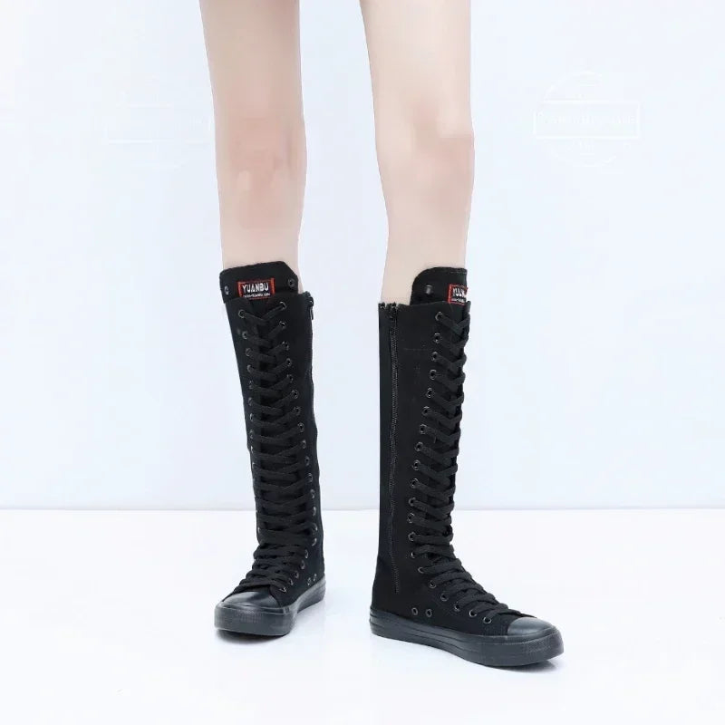 Boots Women Sneakers Canvas Casual High Top Shoes Long Boot Lace-Up Zipper Comfortable Flat Boot Sneakers Tenis Feminino