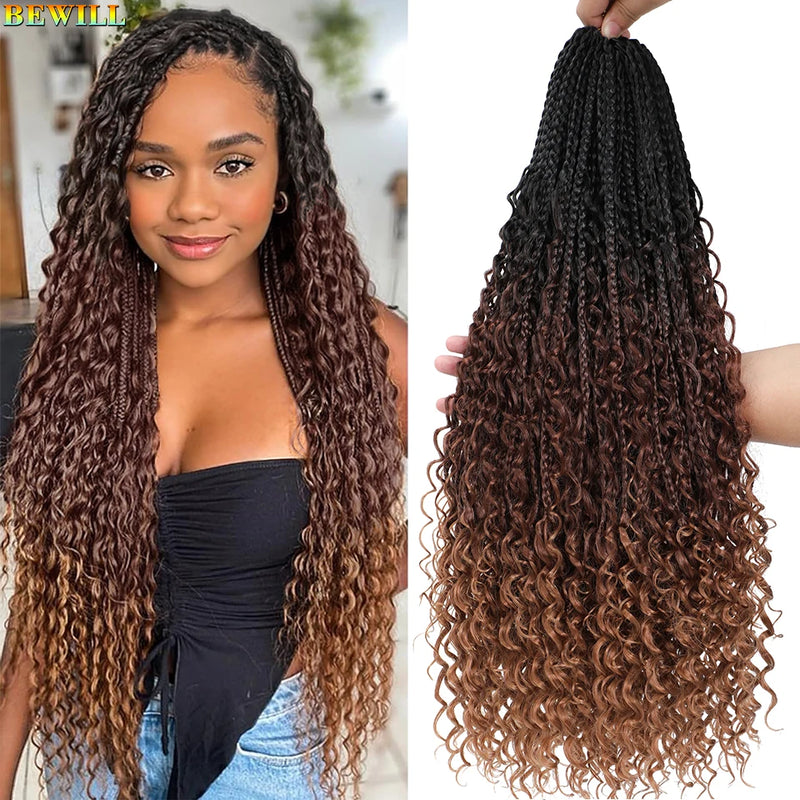 Bewill 1- 8 Packs Goddess Bohemian Box Braids Crochet Hair With Curly Ends 14 18 24 Inches Synthetic Box Braids Hair Extensions