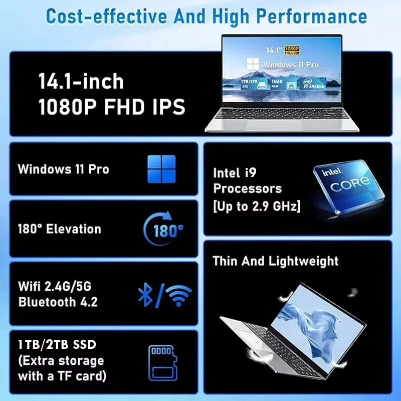 14.1"Potrable Laptop Intel Core i9 10980HK Intel N150 Computer Windows 11 Pro Gaming laptops 16GB RAM 4K 1TB 2TB SSD Notebook PC
