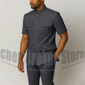 Men's Grey Mandarin Collar Suit Set Short Sleeves Multi-Pocket Jacket and Trousers Fashion Formal Smart Casual Wedding Suits