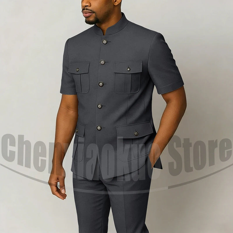 Men's Grey Mandarin Collar Suit Set Short Sleeves Multi-Pocket Jacket and Trousers Fashion Formal Smart Casual Wedding Suits