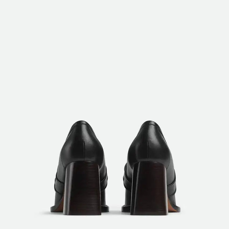 Black Metal Decoration Round Toe Platform Women Loafers Shoes Chunky High Heels Slip On Design Large Size Pumps Shoes