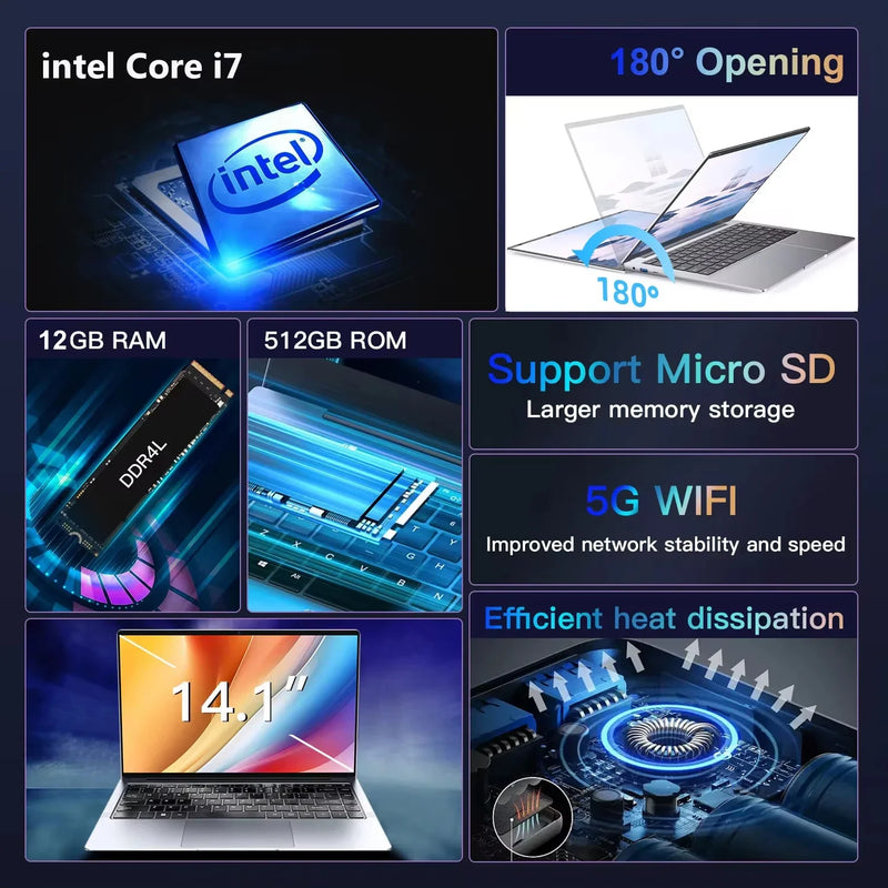 New 14.1" Laptop Computer Intel Core i7 9850H/Atom A3950 Windows 11 Notebook PC 12GB RAM 512GB 1TB M.2 SSD Office Study Computer
