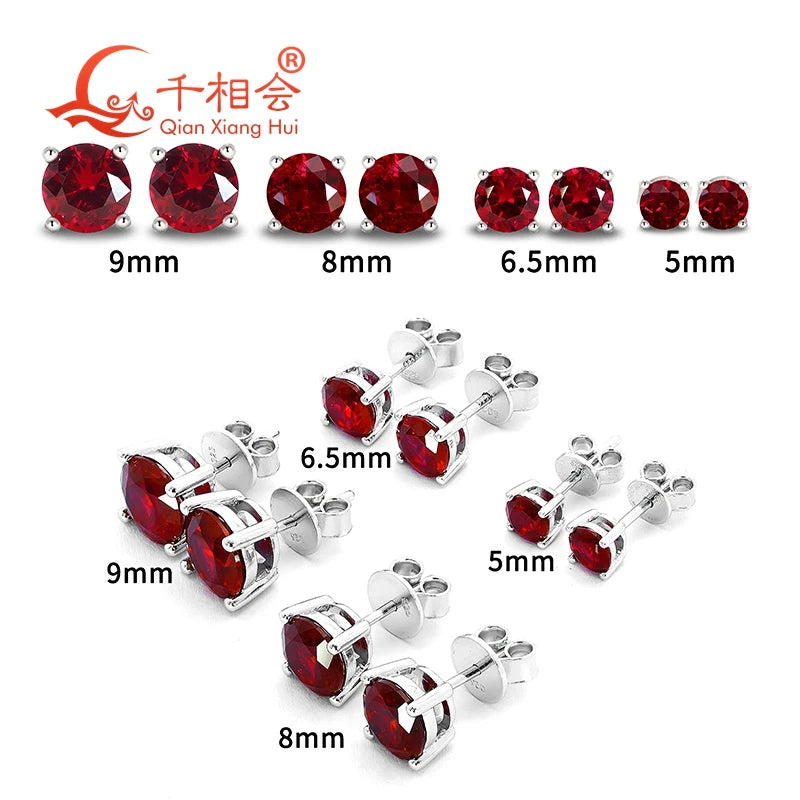 Lab Created Ruby Ear Stud 5-9mm Pigeon Blood with Inclusions Red Round Shape Single Stone S925 Silver Earrings Jewelry