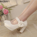 Platform Women's High Heels 8.5cm Pumps Fashion Flower Mary Janes Shoes Size 33- 48 Pink Black White Heeled Wedding Office Shoes