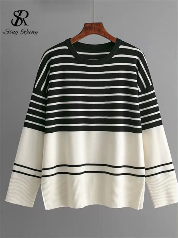 SINGREINY Homewear Loose Knitting Sets Women O-Neck Split Basic Striped Tops+High Waist Wide Legs Pants Autumn Winter 2PC Suits
