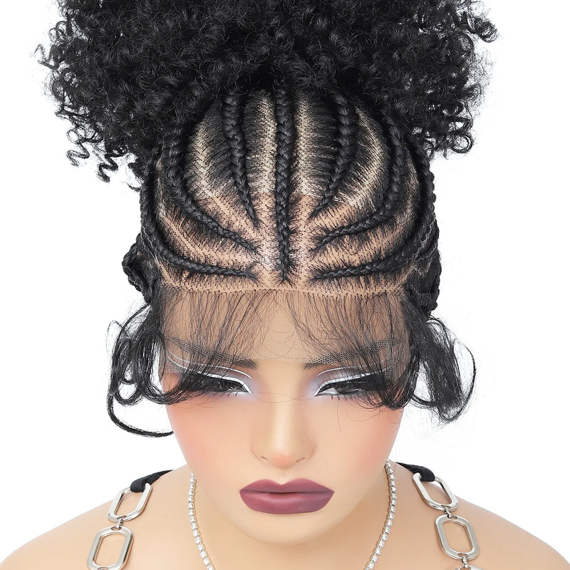Synthetic Braided Wig with Buns Full Lace Cornrow Braids Wig for Black Women Frontal Braiding Wigs with Ponytail 10 inches