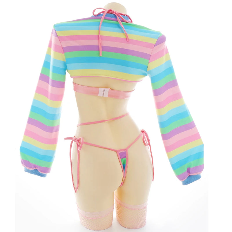 Women Rainbow Stripe Long Sleeve Short Tops and Panty with Stockings Sleepwear Cosplay Costumes