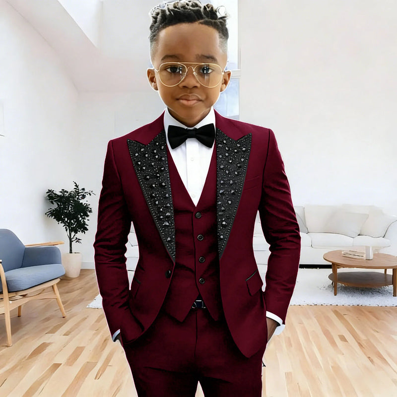 Black Suit for Boys Evening Party Tuxedo Kids Wedding Beaded Crystals Suit 3 Piece Boy Suit Jacket Pants Vest Formal Prom Dress