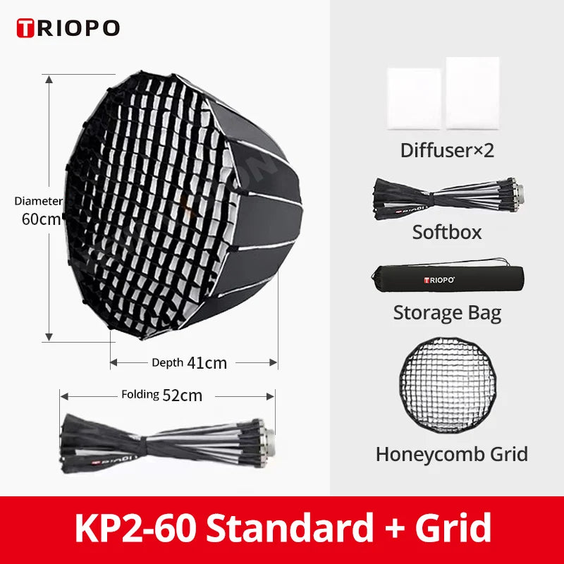 TRIOPO KP2 Parabolic Softbox 60/70/90/120cm Bowens Mount for Sokani X100 COLBOR Godox Aputure LED Video Light vs Godox QR-P