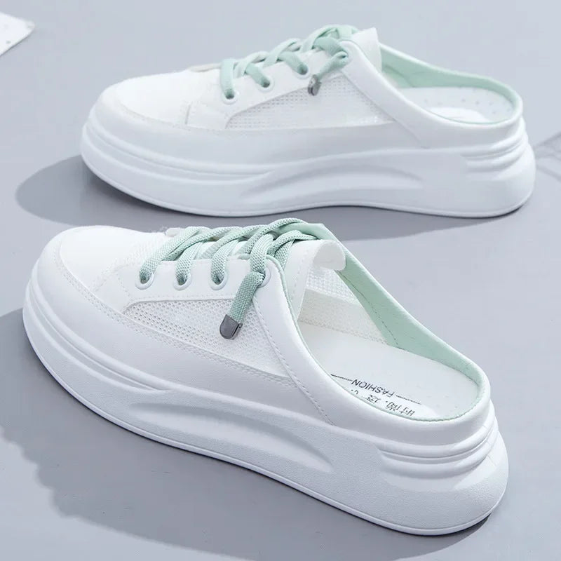 2024 Summer New Baotou Mesh Breathable White Shoes Fashionable Casual Half Slippers Round Toe Women's Sandals NO:M12
