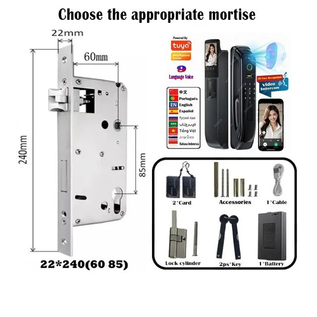 6068,5572,6072,6085 Mortise Lock Tuya Wifi App Camera Smart Digital Lock With Fingerprint Face Key Card Rfid