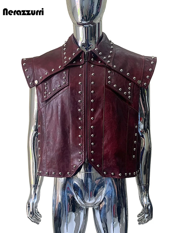 Nerazzurri Summer Autumn Short Distressed Vintage Studded Pu Leather Sleeveless Jacket Men Punk Style Menswear  Clothes Vest