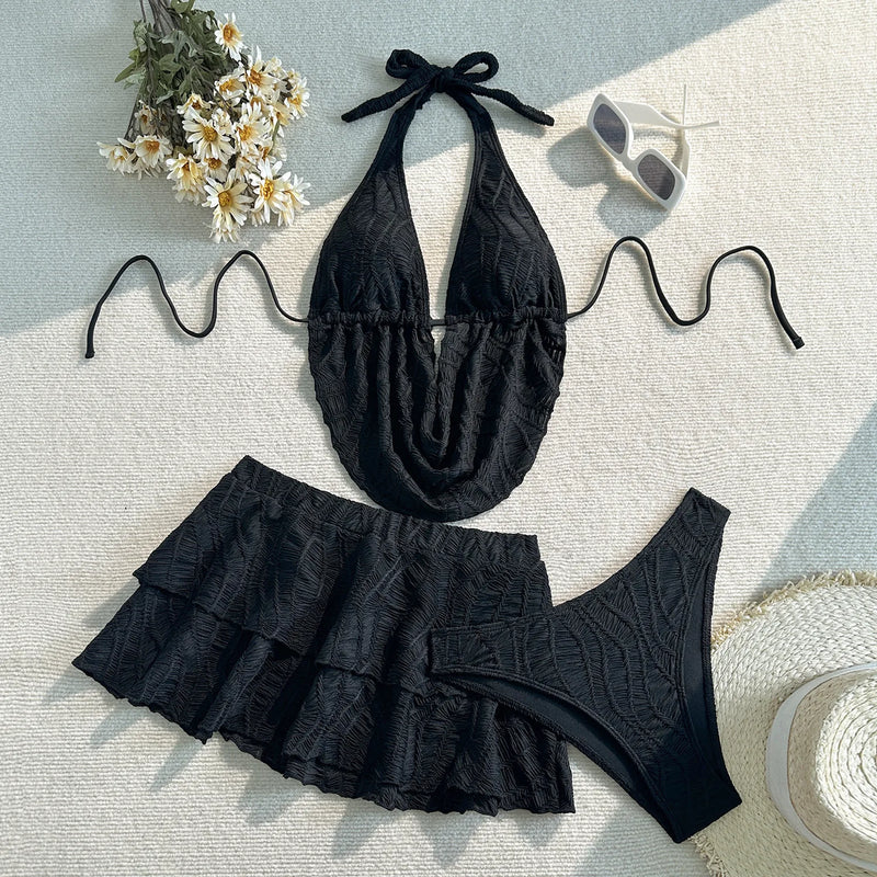 With Skirt Wrinkled Halter Tankini Bikini Women Swimwear | SAMAG