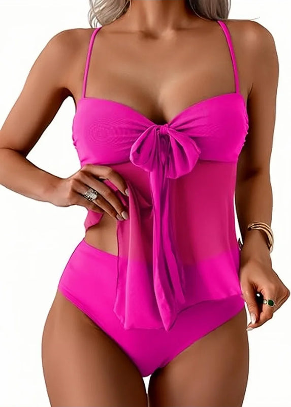 Women Solid Front Bow Chiffon Tankini Spaghetti Strap | SAMAG