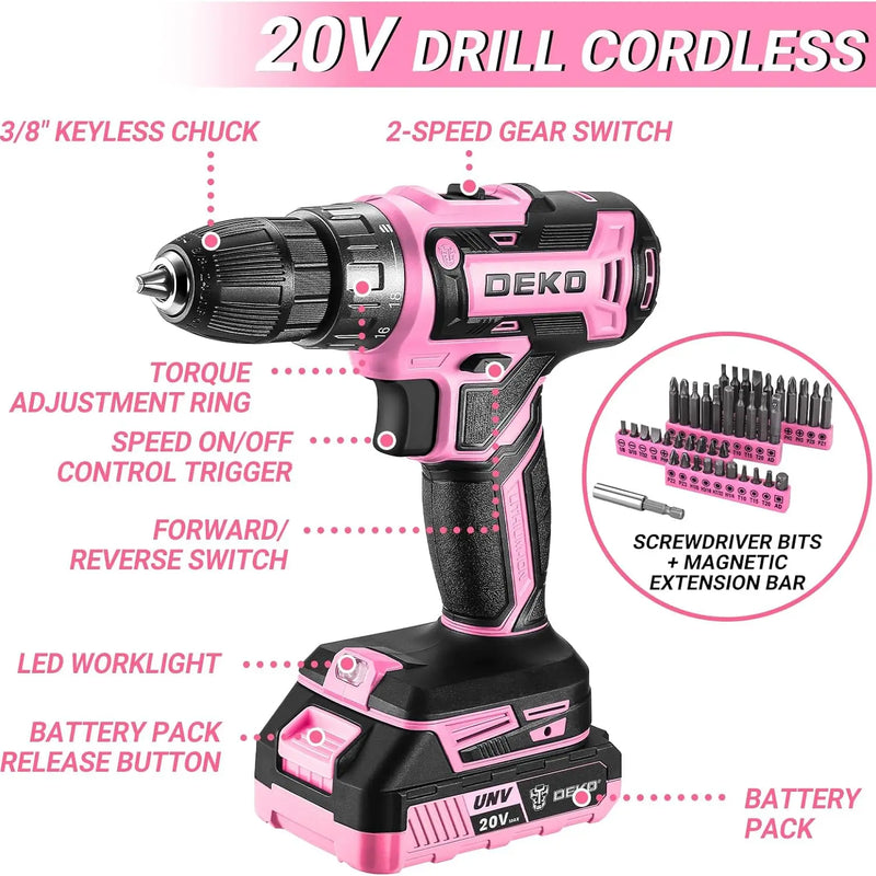 DEKO Pink Drill Tool Kit Set: 20V Cordless Power Box with Battery Electric Driver - View 2 | SAMAG