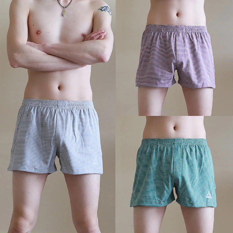 3PCS 100% Cotton Striped Pajama Pants Men's Summer Panties Breathable Big U-crotch Boxers Plus Size Loose High Elastic Underwear